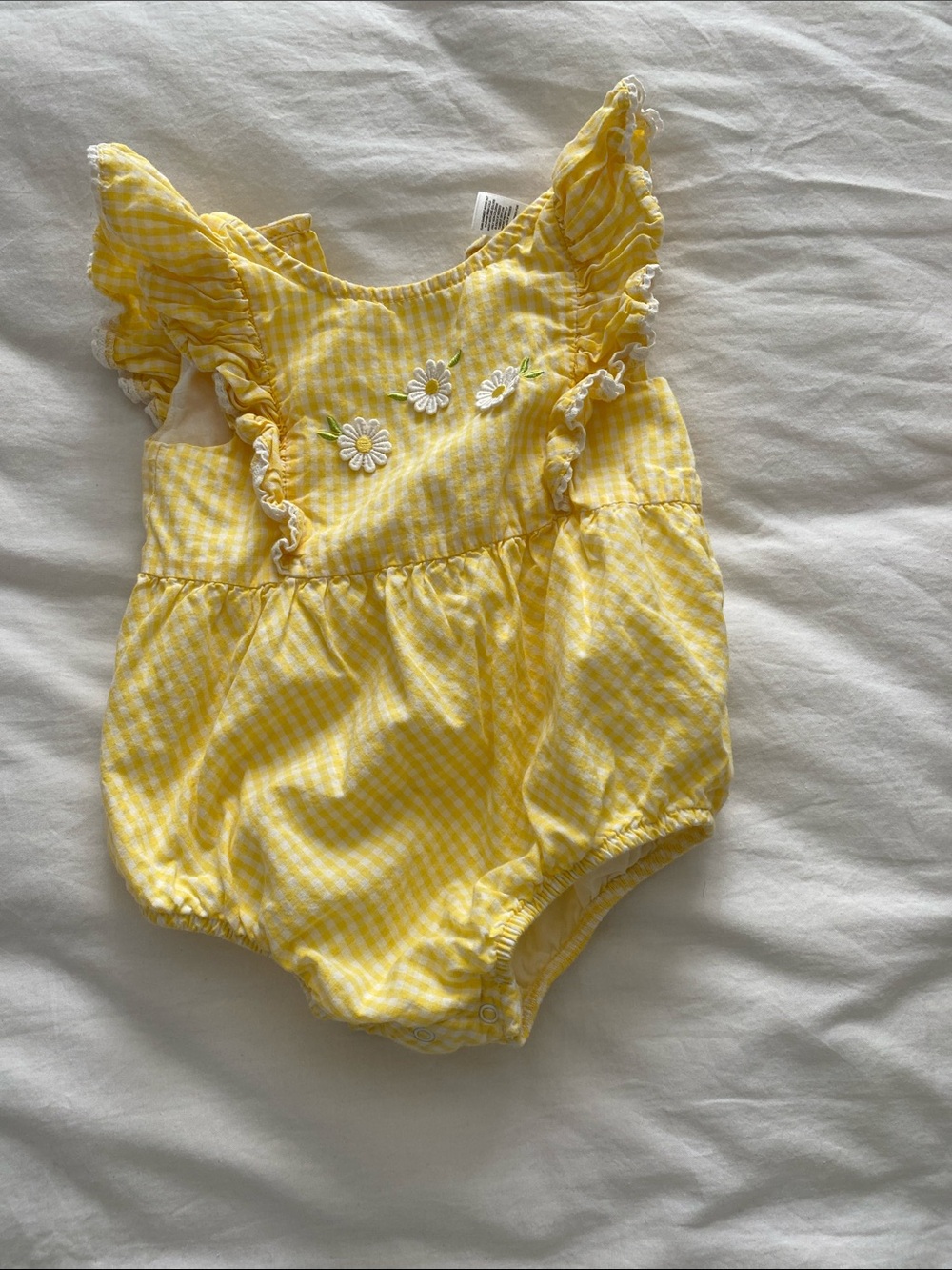 Little Me Yellow Gingham Daisy Romper with Ruffle Sleeves